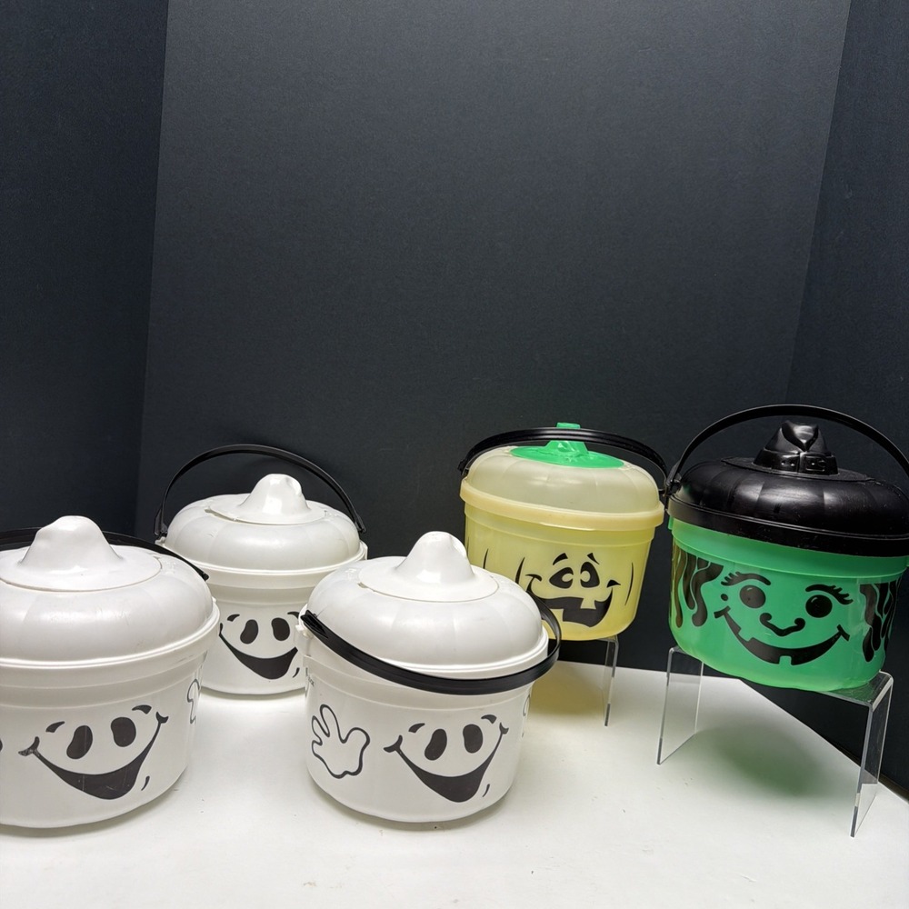 1991/1993 McDonalds Witch, Pumpkin, Ghost Happy Meal Halloween Buckets Lot Of 5